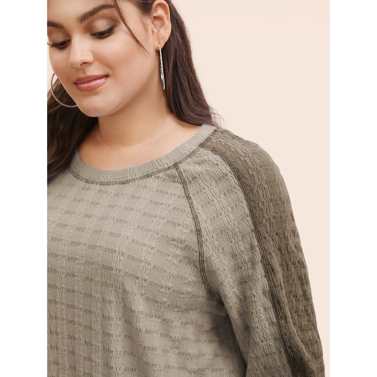 Plus Size Contrast Patchwork Texture Raglan Sleeve T-shirt Multicolor Women Casual Texture Round Neck Everyday T-shirts BloomChic 14-16/1X Product Image