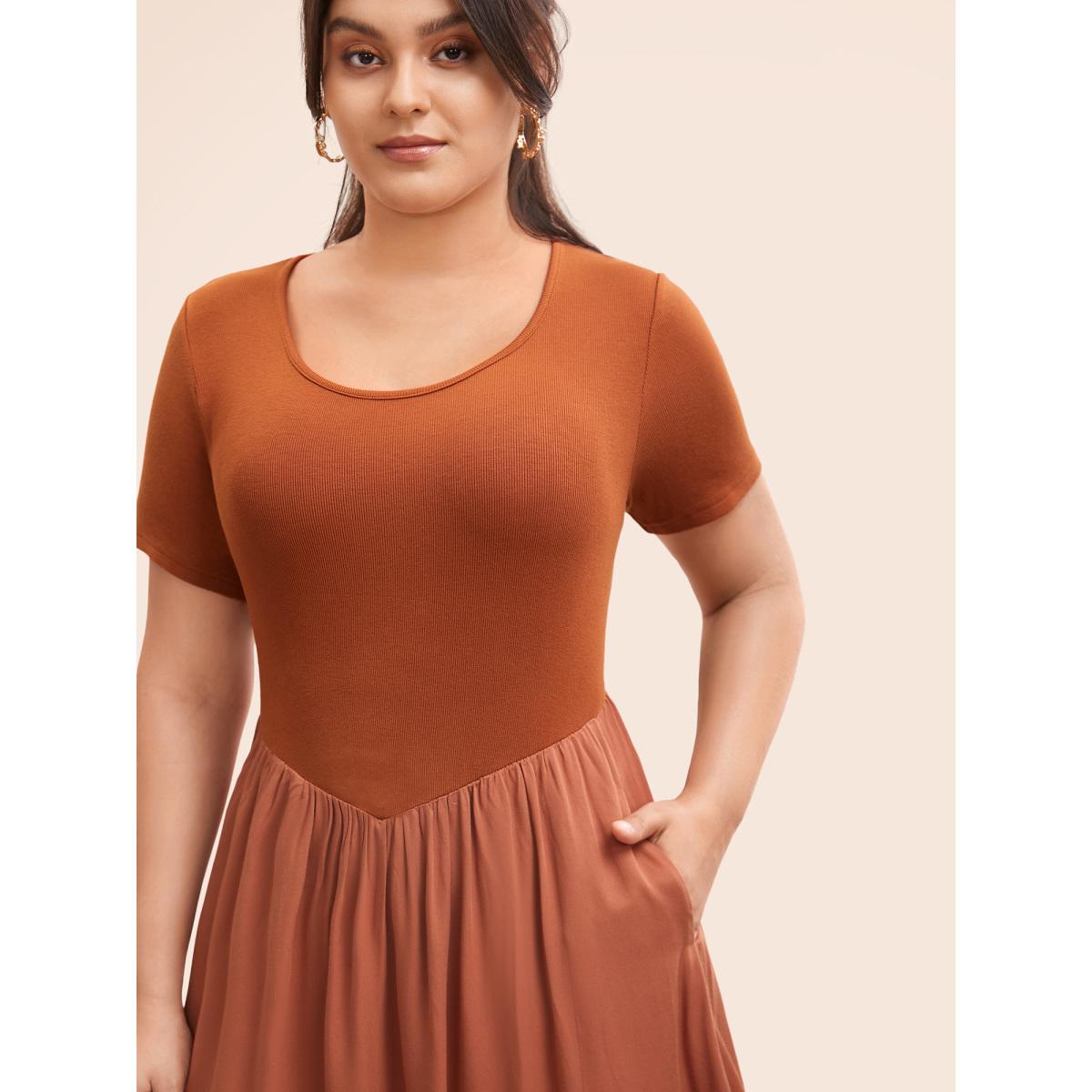 Plus Size U Neck Patchwork Midi Dress Maroon Women Elegant Patchwork U-neck Short sleeve Curvy BloomChic 18-20/2X Product Image