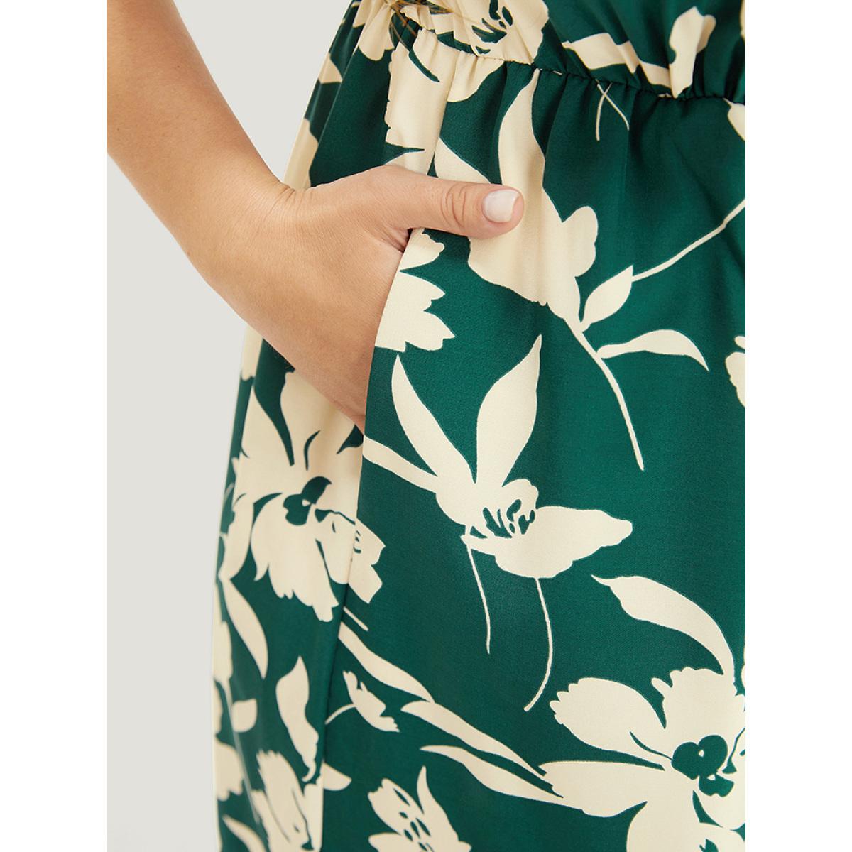 Plus Size Floral Ruffles Pleated Split Hem Pocket Off Shoulder Dress Emerald Women Elegant Printed One-shoulder neck Short sleeve Curvy Midi Dress BloomChic 30/6X Product Image