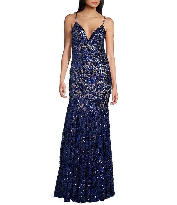 Honey and Rosie Sequins Lace Bungee Strap V-Neck Criss Cross Back Dress Product Image