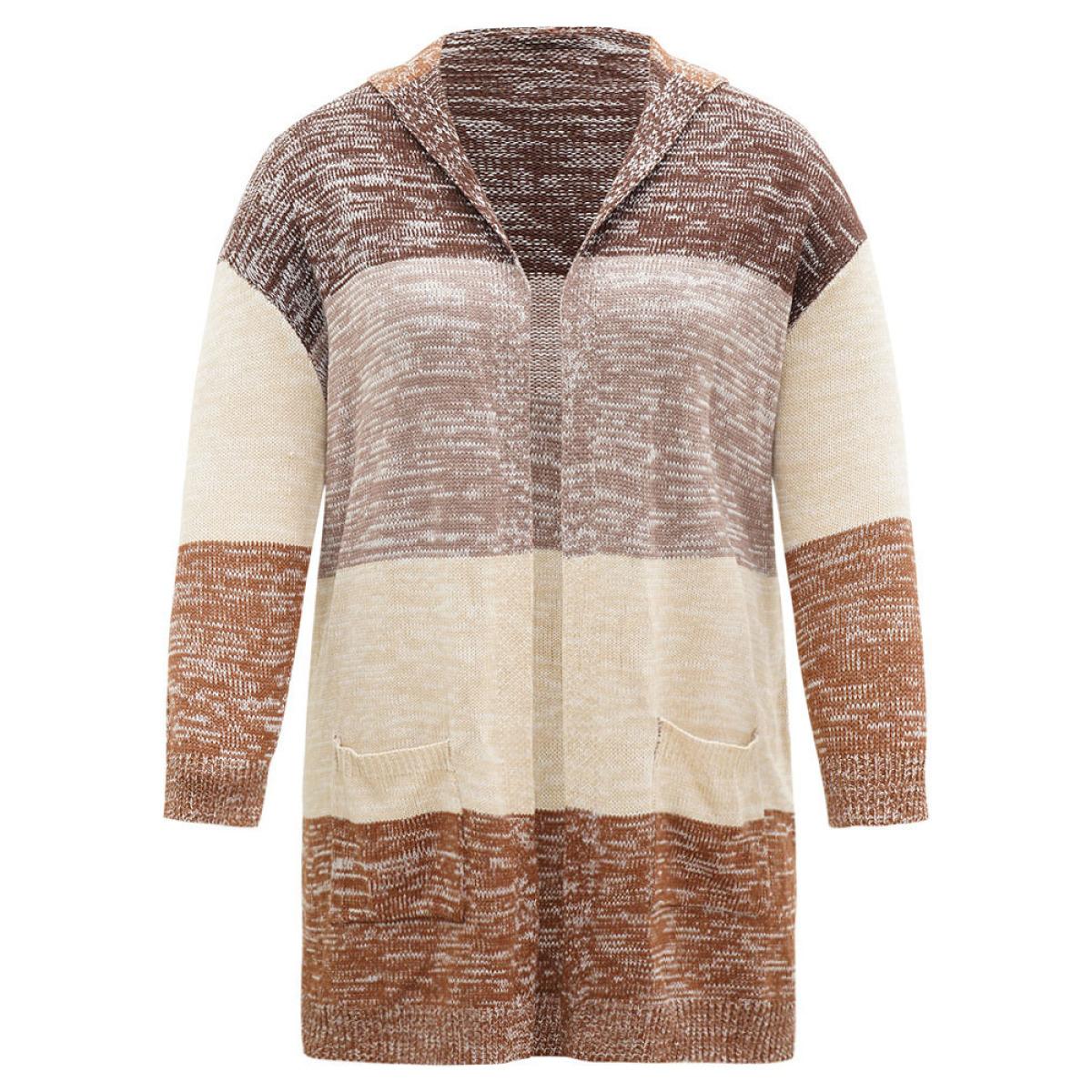 Plus Size Heather Colorblock Hooded Pocket Cardigan Multicolor Women Casual Loose Long Sleeve Dailywear Cardigans BloomChic 28/5X Product Image