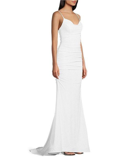 B. Darlin Glitter Ruched Cowl Neck Long Dress Product Image