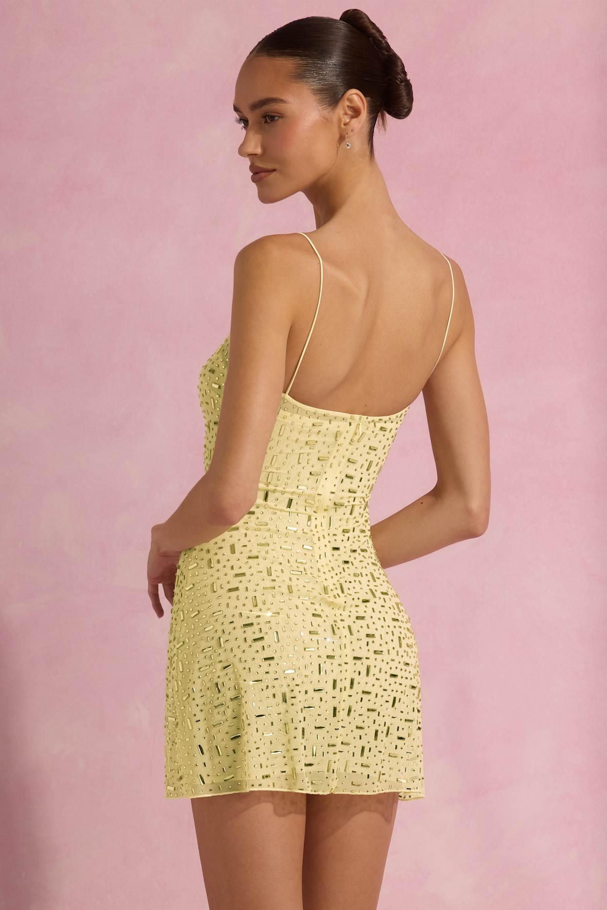 Sheer Embellished Square-Neck Mini Dress in Yellow Product Image