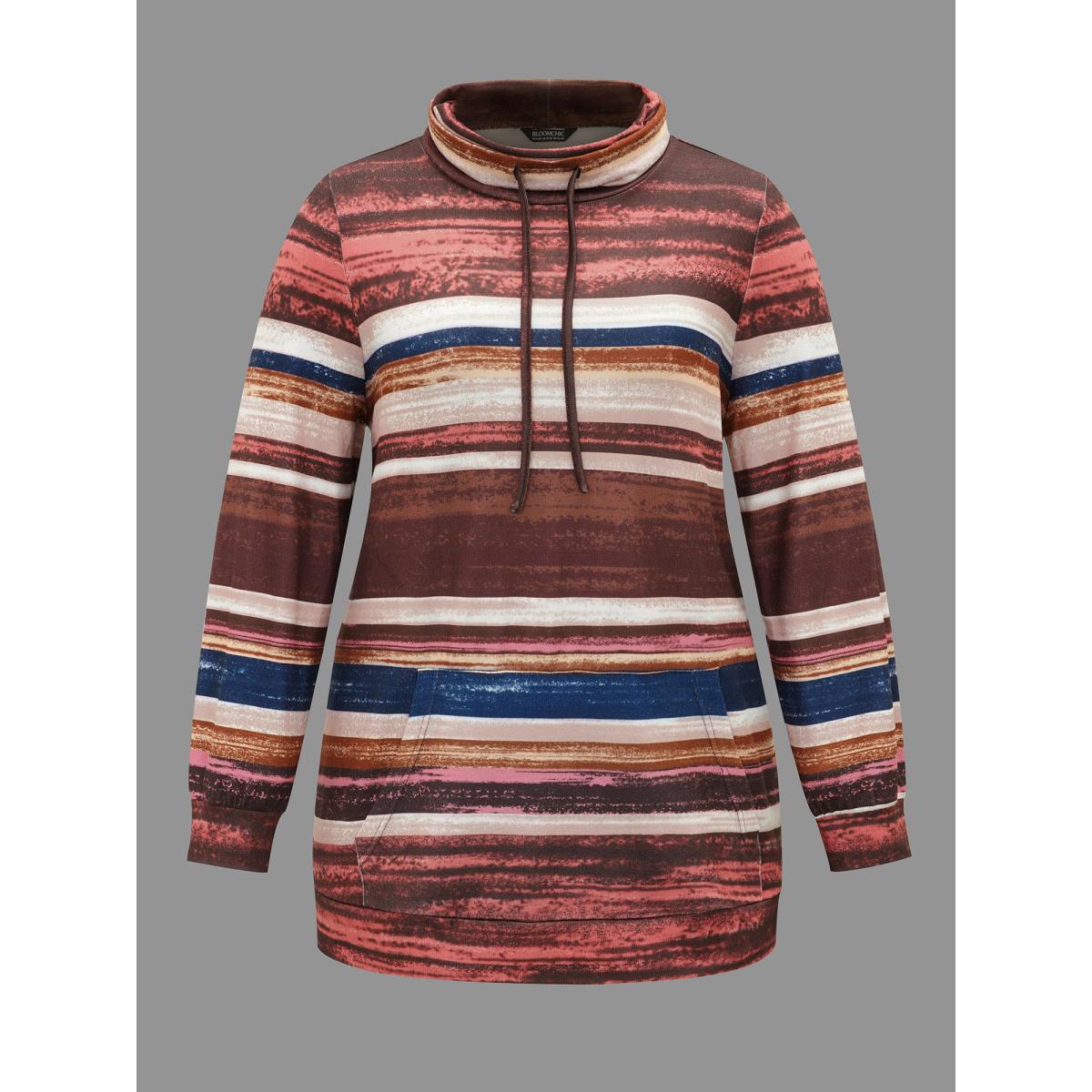 Plus Size Striped Patched Pocket Drawstring Sweatshirt Women Multicolor Casual Drawstring Loose Ruffled collar Everyday Sweatshirts BloomChic 10/M Product Image