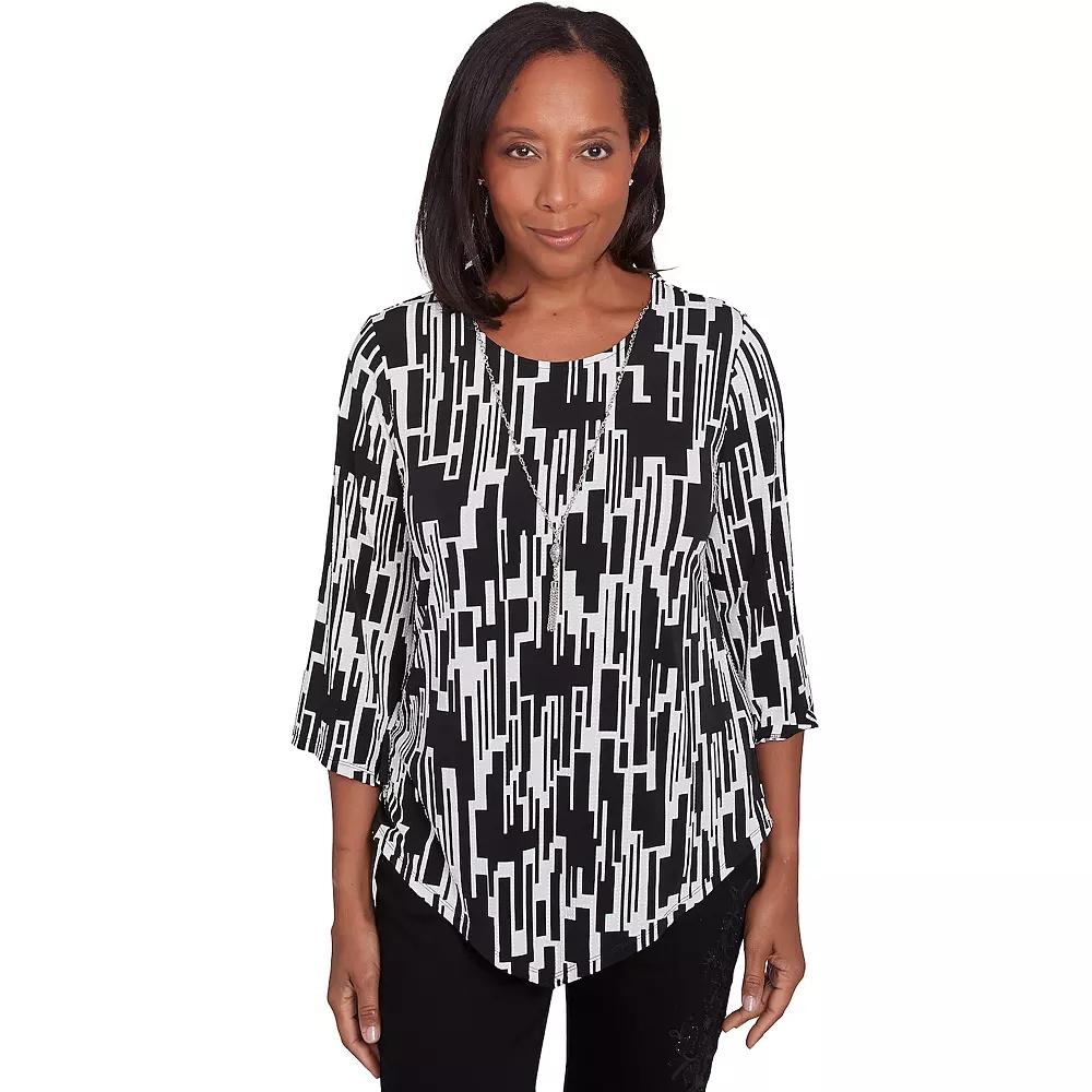Women's Alfred Dunner Vertical Geometric Top with Necklace, Size: Medium, Black And White Product Image