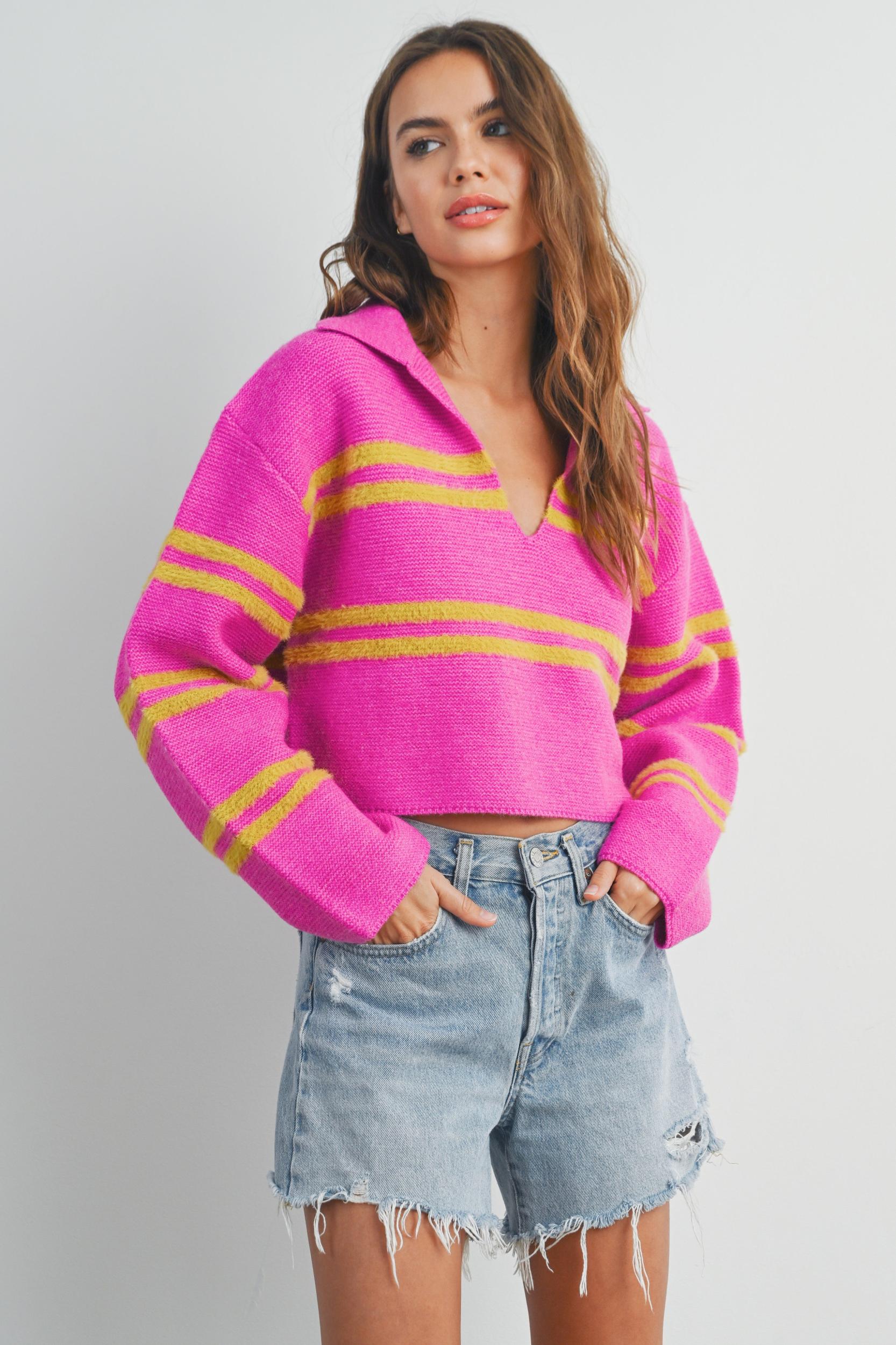 Stripe Cozy Collared Crop Sweater Product Image