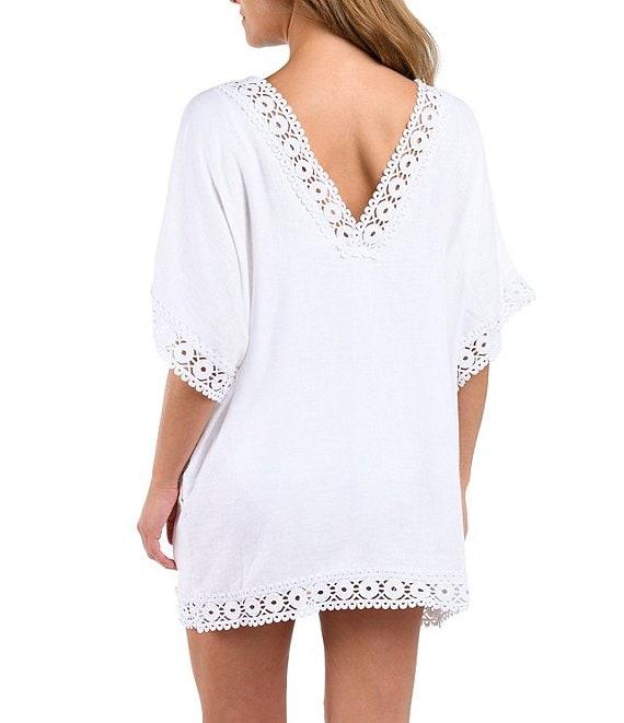 La Blanca Lake Side Linen Crochet Trim V-Neck Tunic Swim Cover-Up Product Image