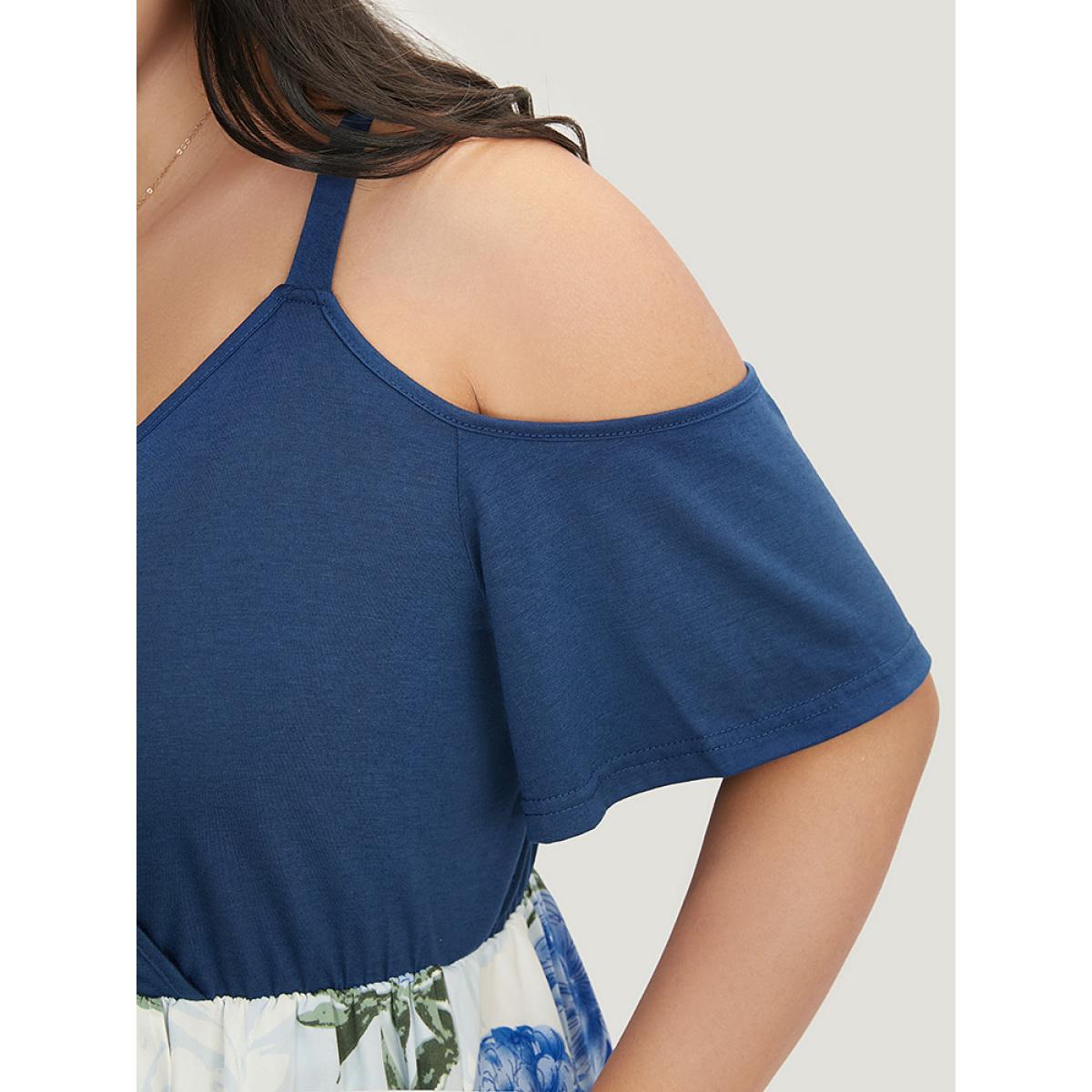 Plus Size Floral Patchwork Cold Shoulder Pocket Asymmetrical Hem Dress Indigo Women Elegant Adjustable Straps Cold Shoulder Short sleeve Curvy Midi Dress BloomChic 10/M Product Image