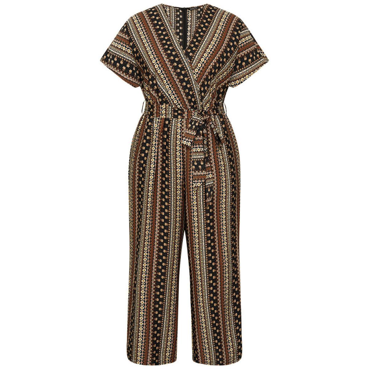 Plus Size DarkBrown Bandana Print Surplice Neck Belted Ruffle Sleeve Jumpsuit Women Elegant Short sleeve V-neck Dailywear Loose Jumpsuits BloomChic 10/M Product Image