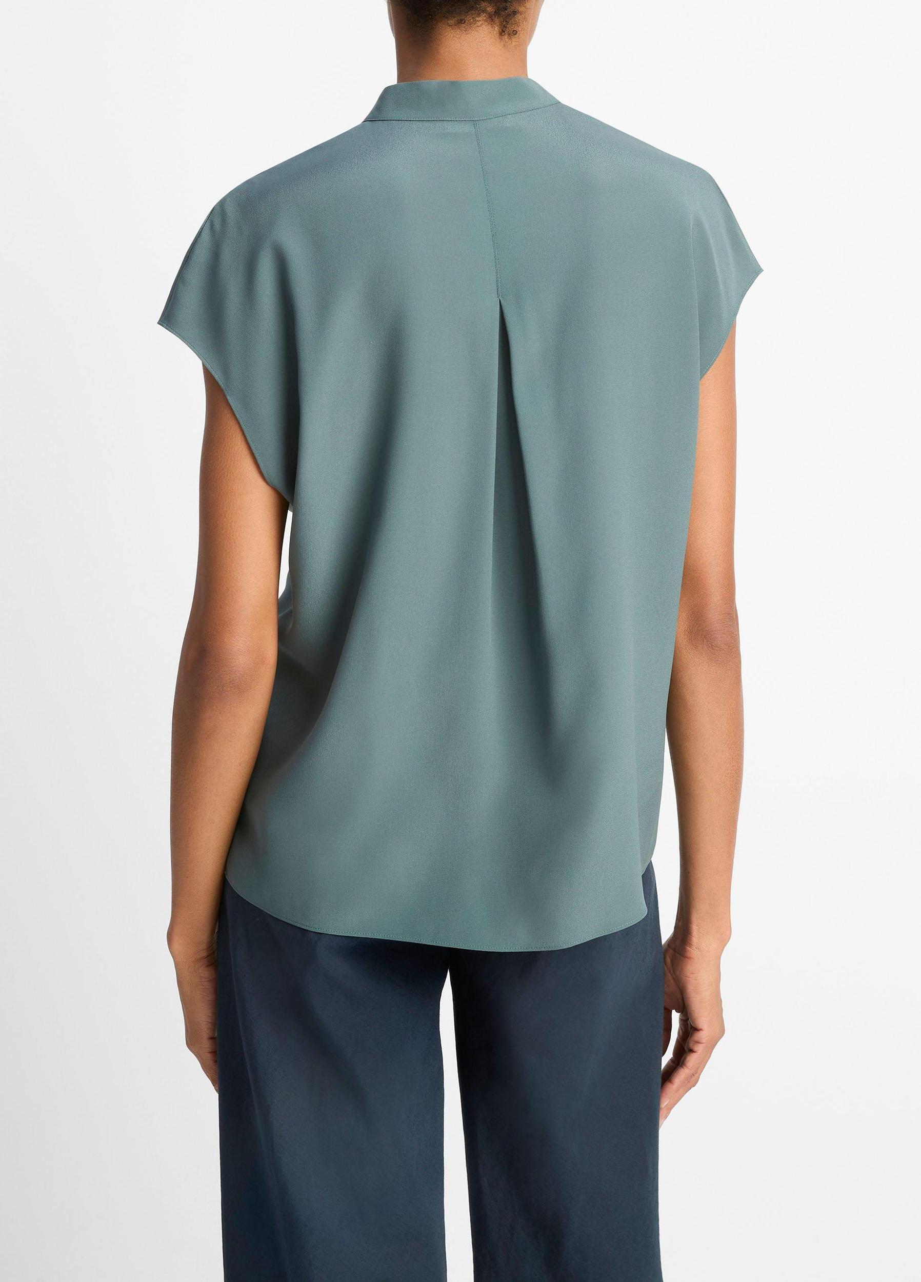 Contrast-Placket Stretch-Silk Cap-Sleeve Blouse Product Image