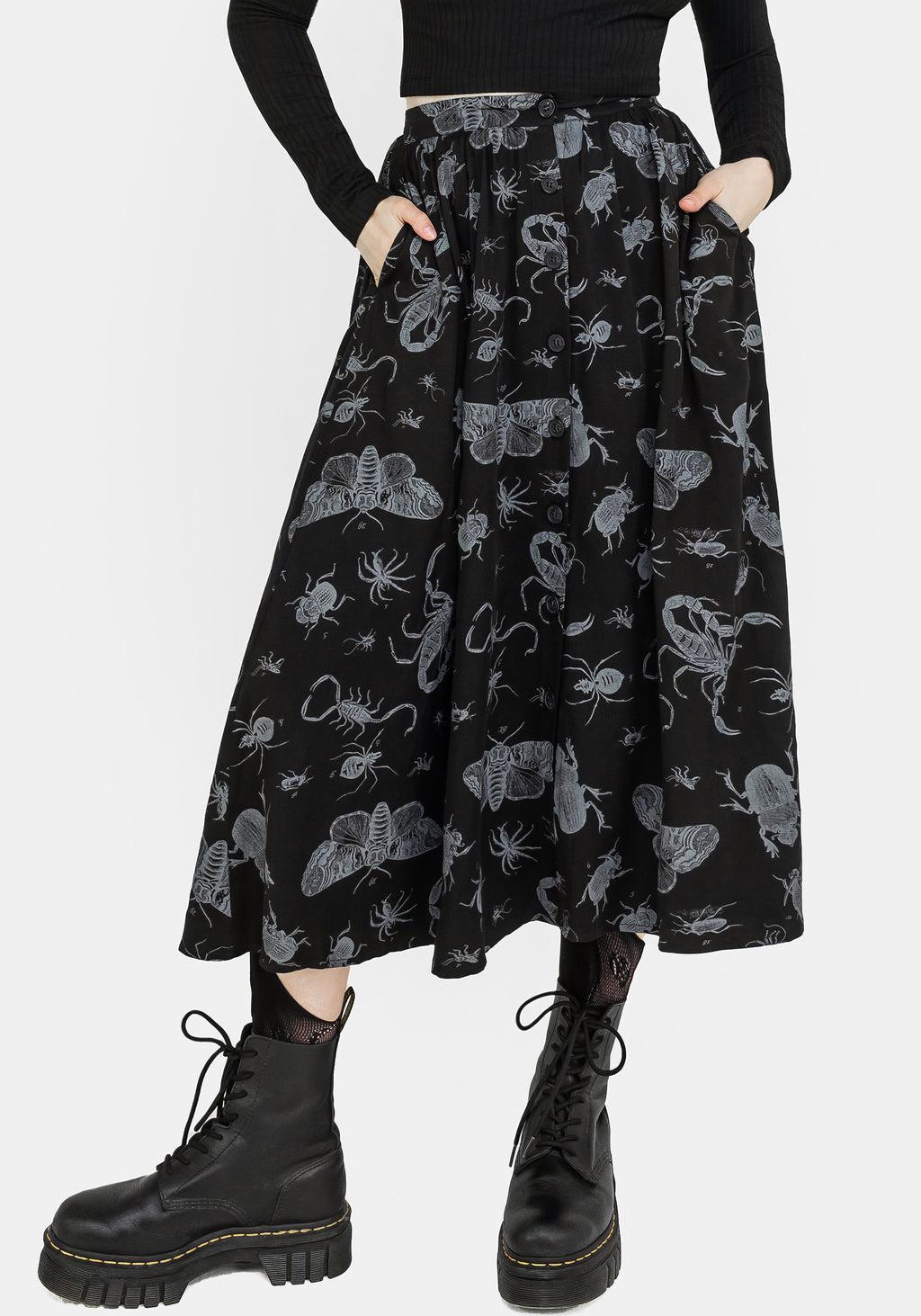 Parasite Bugs Button Front Midi Skirt - Black Product Image