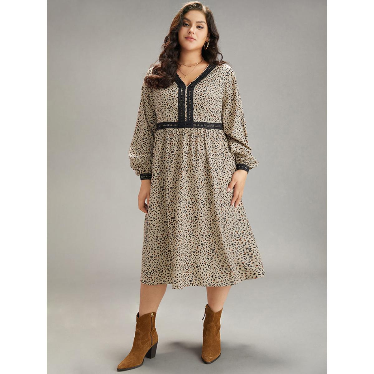 Plus Size Leopard Pocket Guipure Lace Lantern Sleeve Dress Stone Women Vacation Elastic cuffs V-neck Long Sleeve Curvy Midi Dress BloomChic 30/6X Product Image