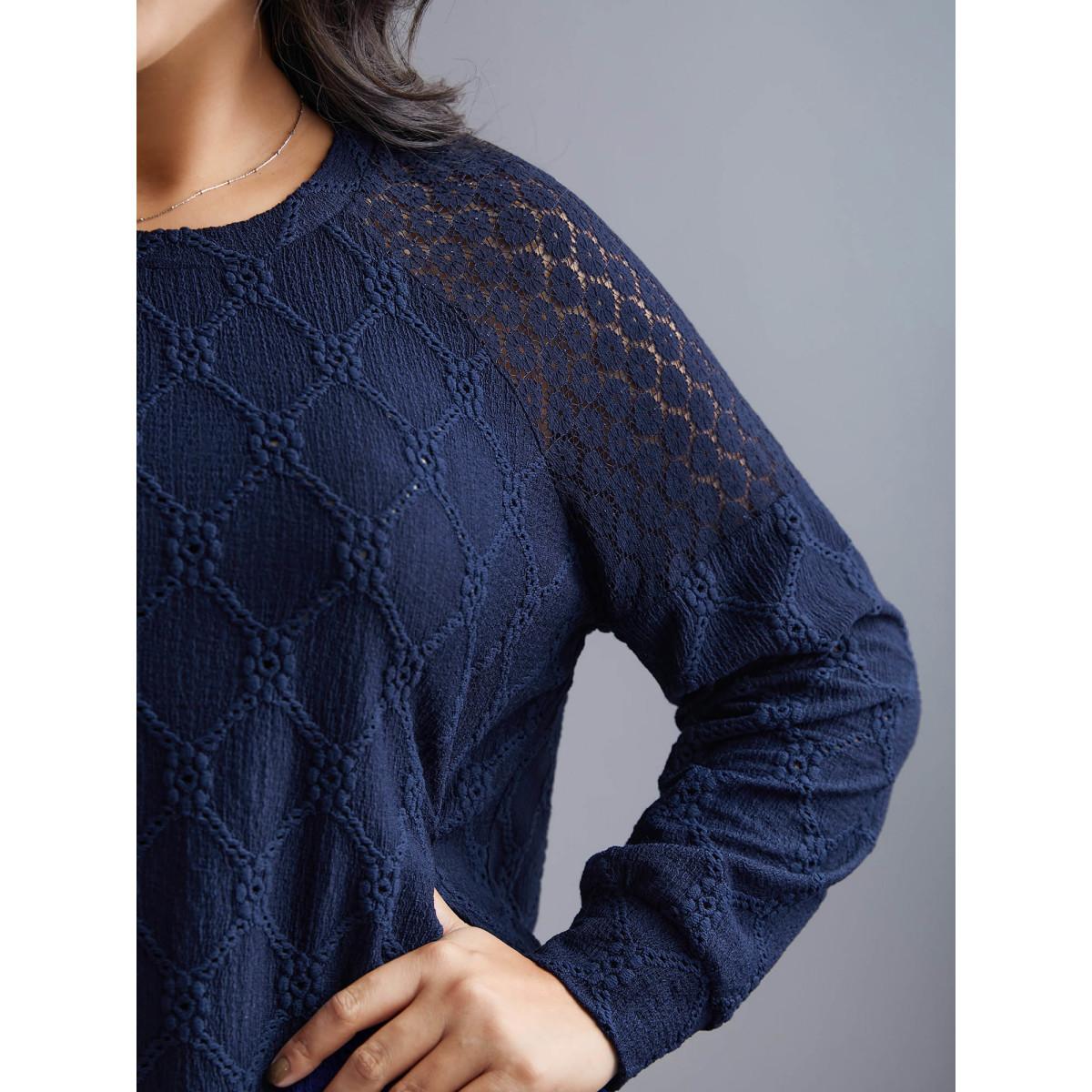 Plus Size Raglan Lace Mesh Sleeve Textured Sweatshirt Women Indigo Elegant See through Round Neck Everyday Sweatshirts BloomChic 26/4X Product Image
