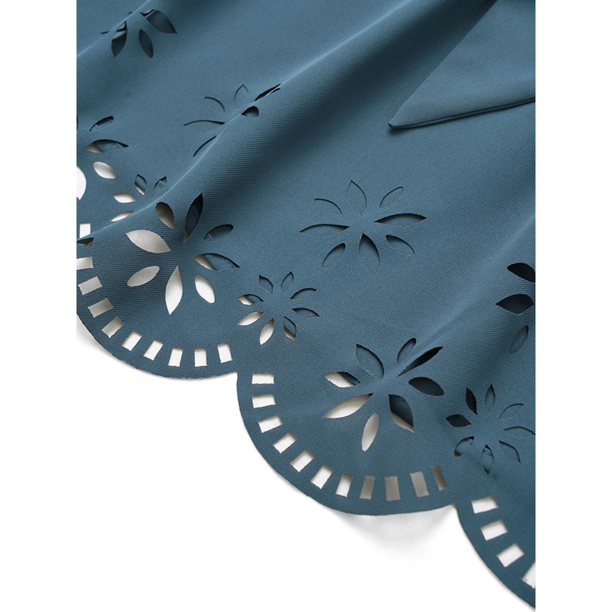 Plus Size Stone Static-Free Laser Cut Belted Scalloped Trim Blouse Women Office Long Sleeve Shirt collar Office Blouses BloomChic 10/M Product Image