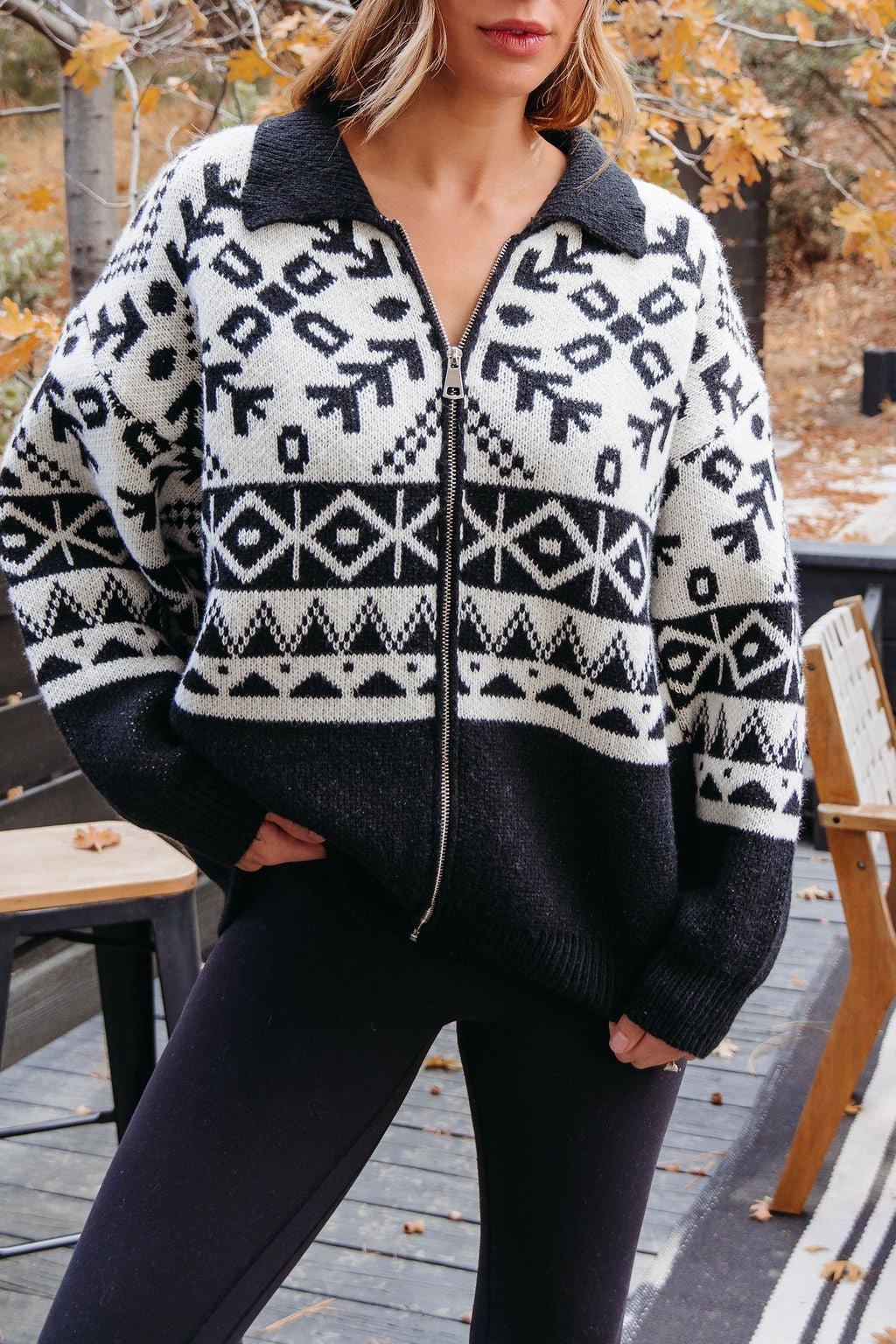 Black Aztec Print Zip Up Sweater Cardigan - FINAL SALE Female Product Image