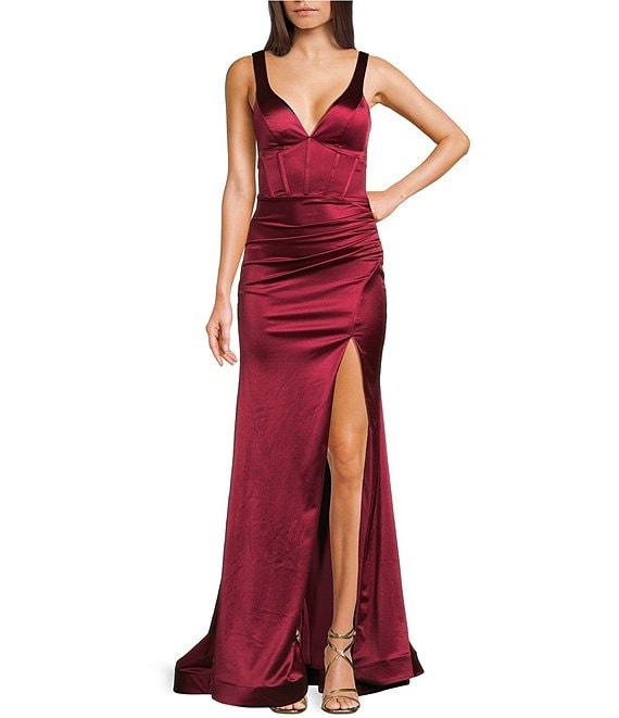 Honey and Rosie Sateen V-Neck Sleeveless Lace Up Back Pleated Dress Product Image