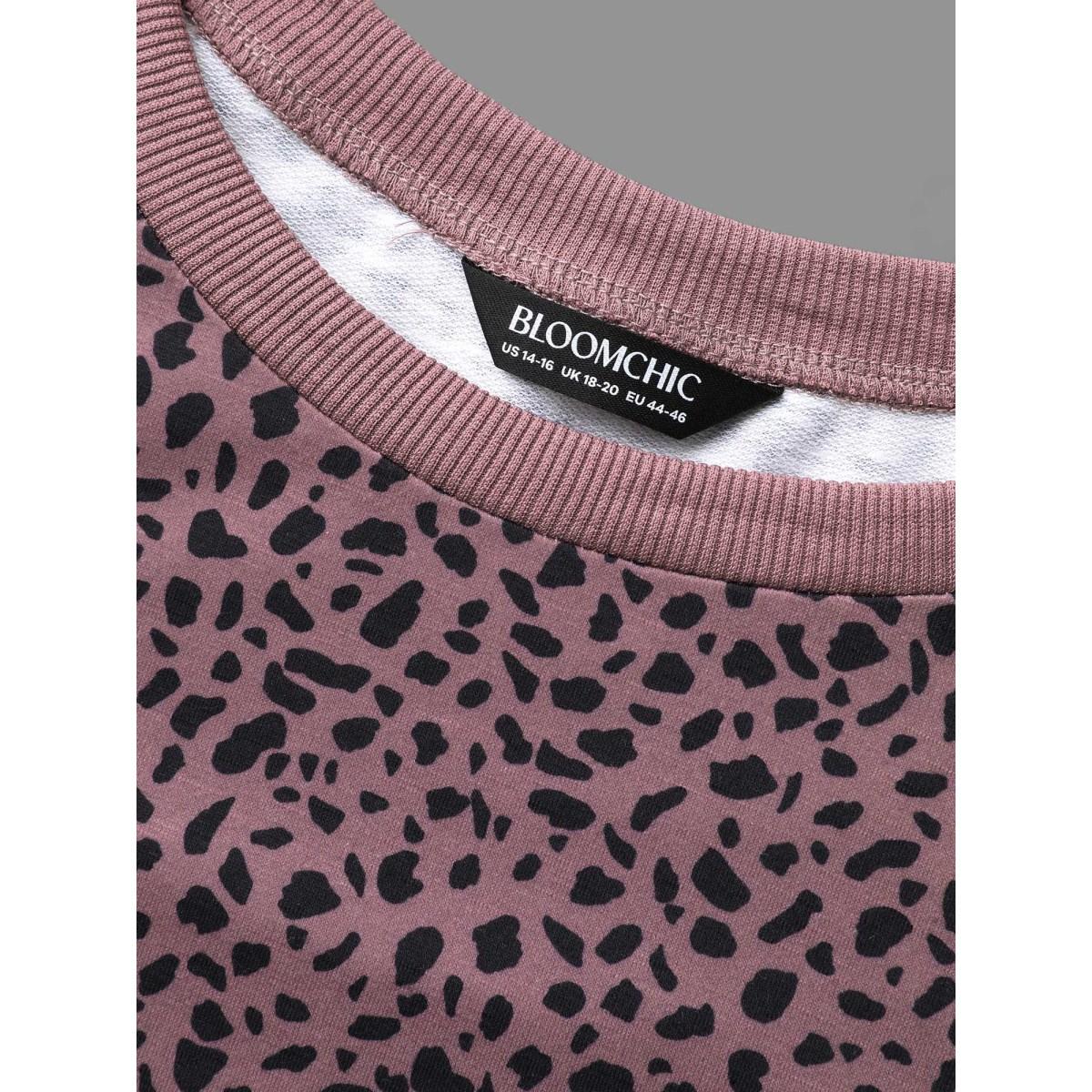 Plus Size Leopard Print Crew Neck Stretchy Sweatshirt Women DustyPink Casual Contrast Round Neck Everyday Sweatshirts BloomChic 10/M Product Image