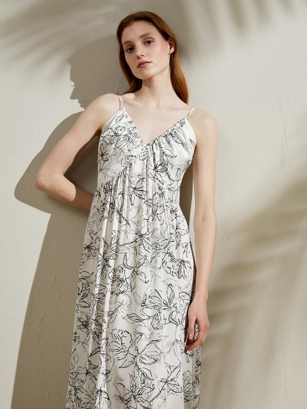 Floral Sketch V-neck Silk Dress Product Image