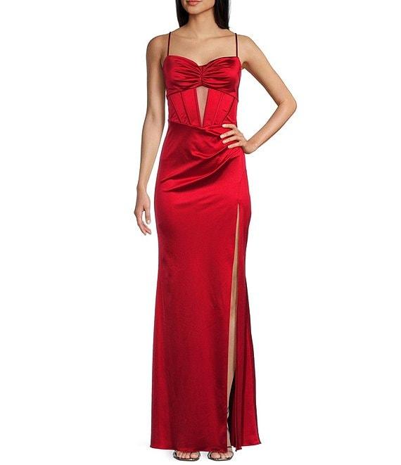 Blondie Nites Power Sateen Pinch Neckline Spaghetti Strap Keyhole Corset Dress Product Image