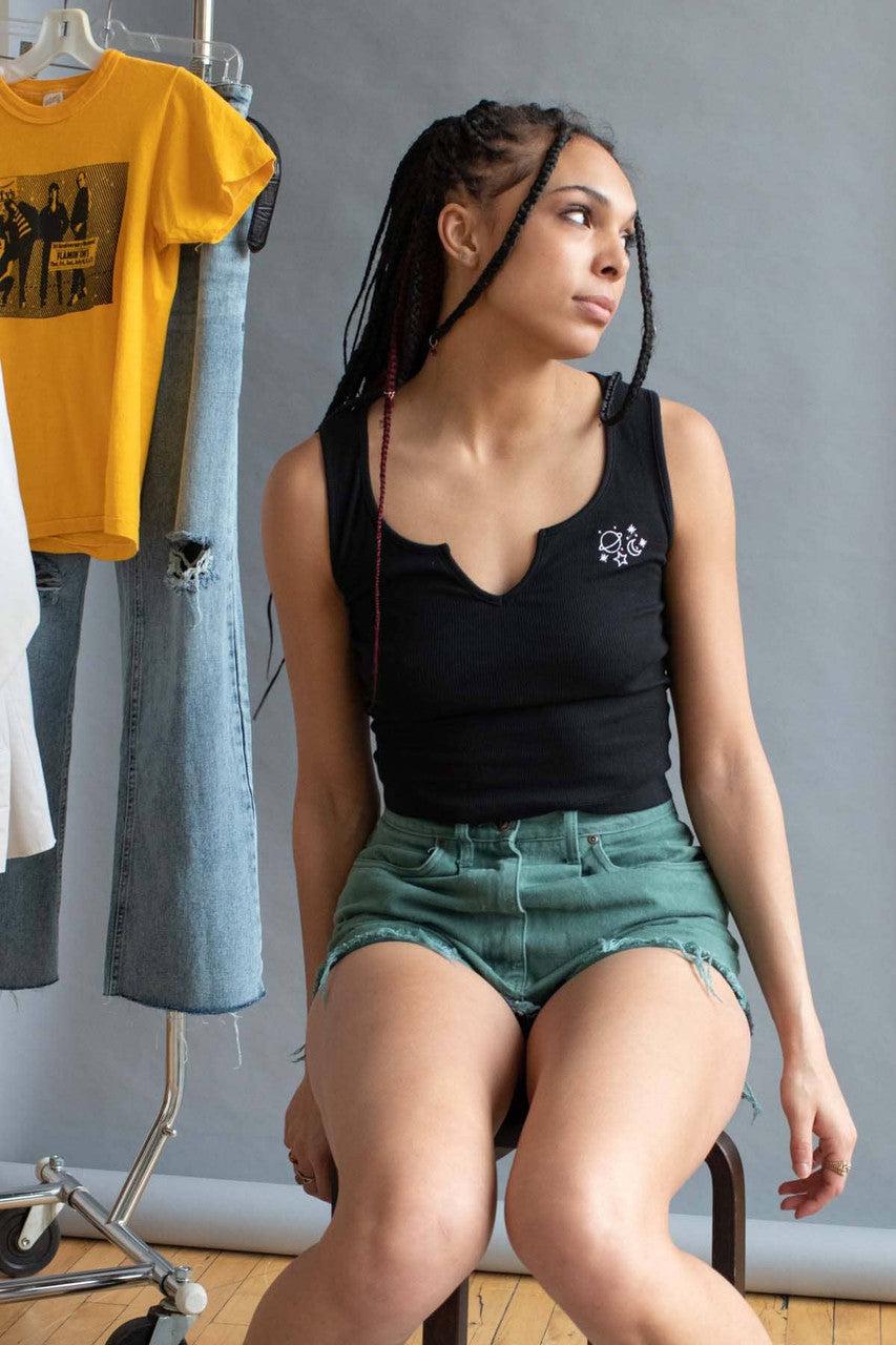 Celestial Embroidered Black Notched Neck Tank Product Image