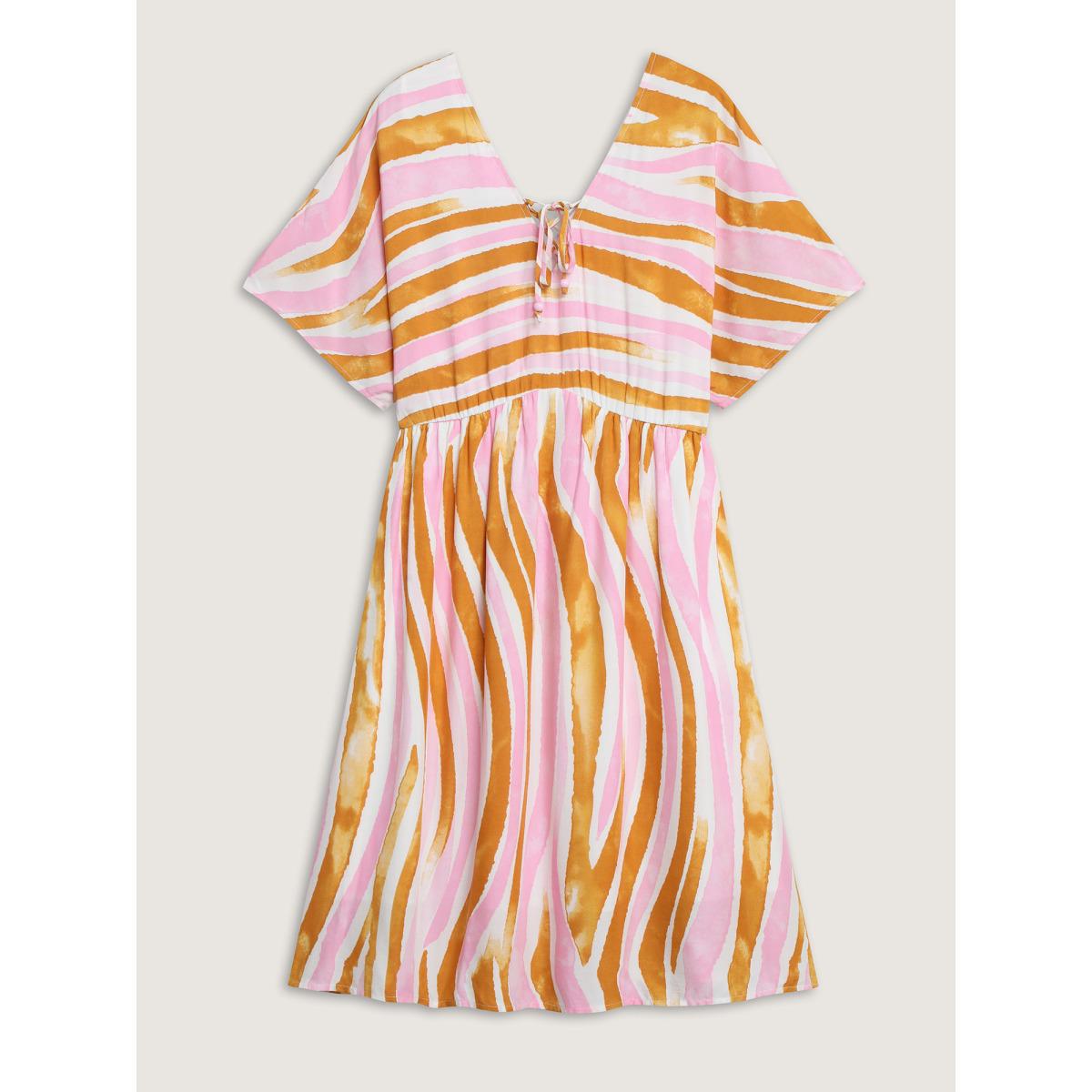 Plus Size Wavy Stripes Neck Tie Tiered Midi Dress Peach Women V-neck Short sleeve Curvy BloomChic 26/4X Product Image