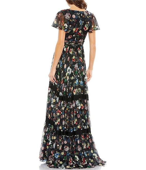 Mac Duggal Floral Print Short Flutter Sleeve Plunge V-Neck Pleated Tiered A-Line Gown Product Image