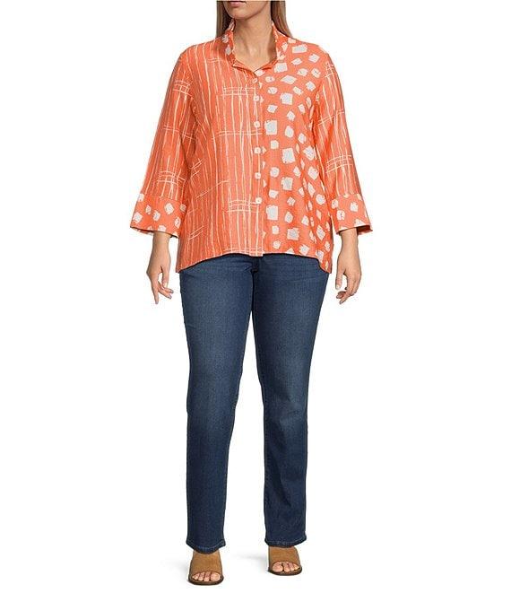 Ali Miles Plus Size Woven Printed Wire Collar 3/4 Sleeve Button-Front Tunic Product Image