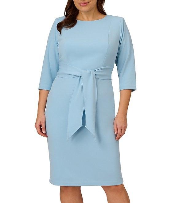 Adrianna Papell Plus Size Crepe Knit Tie Waist 3/4 Sleeve Round Neck Sheath Dress Product Image