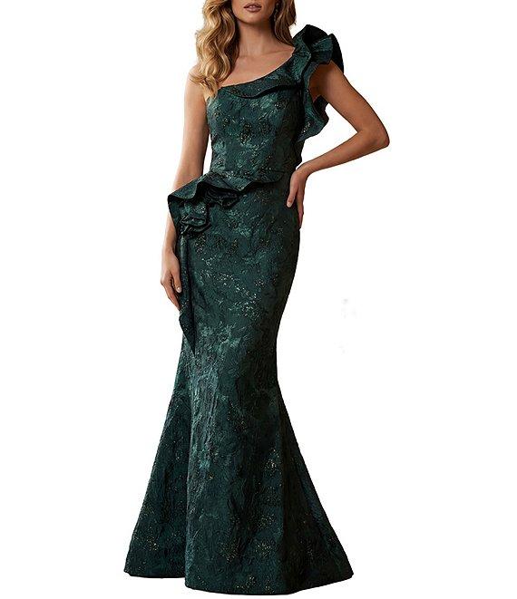 Terani Couture One Shoulder Jacquard Ruffle Long Gown Product Image