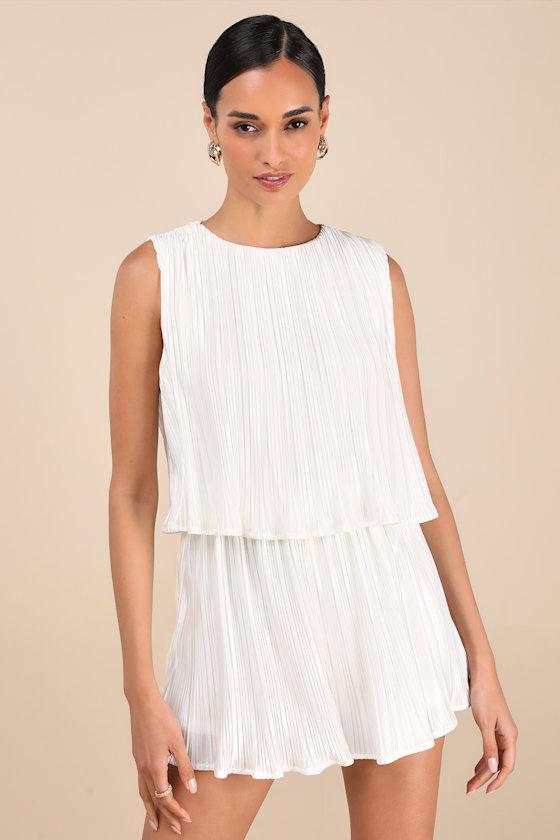 Chic Lavishness White Satin Plisse Sleeveless Romper Product Image