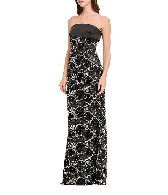 Dress the Population Shay Strapless 3D Floral Applique Straight Neckline Satin Overlay Mermaid Gown Product Image