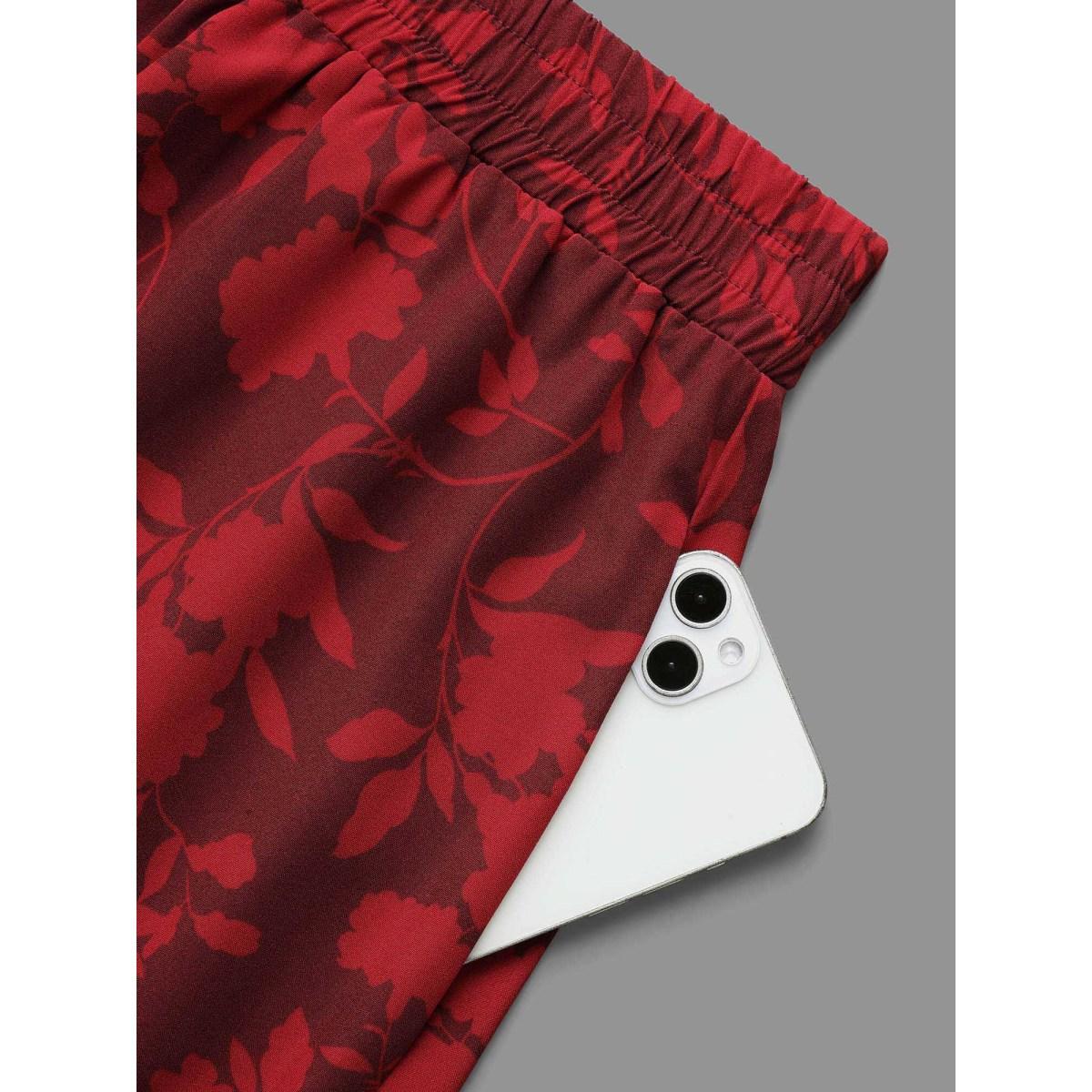 Plus Size Silhouette Floral Print Ruffle Layered Hem Skirt Women Deepred Elegant Loose Low stretch Side seam pocket Everyday Skirts BloomChic 18-20/2X Product Image