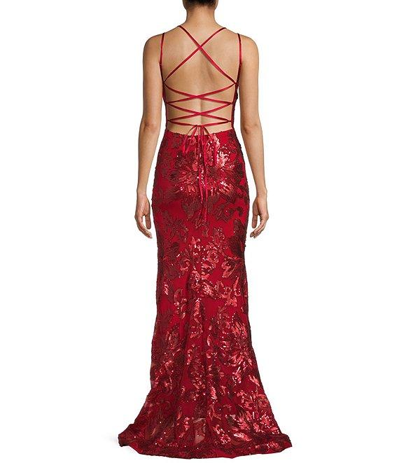 B. Darlin Double Spaghetti Strap V-Neck Placement Sequin Long Dress Product Image