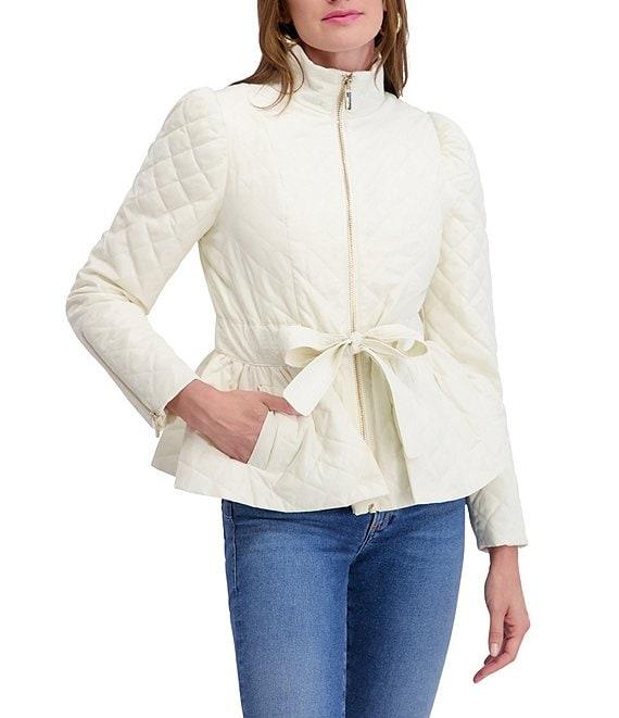 Kensie Quilted Funnel Neck Long Sleeves Belted Ruffle Hem Peplum Trench Coat Product Image