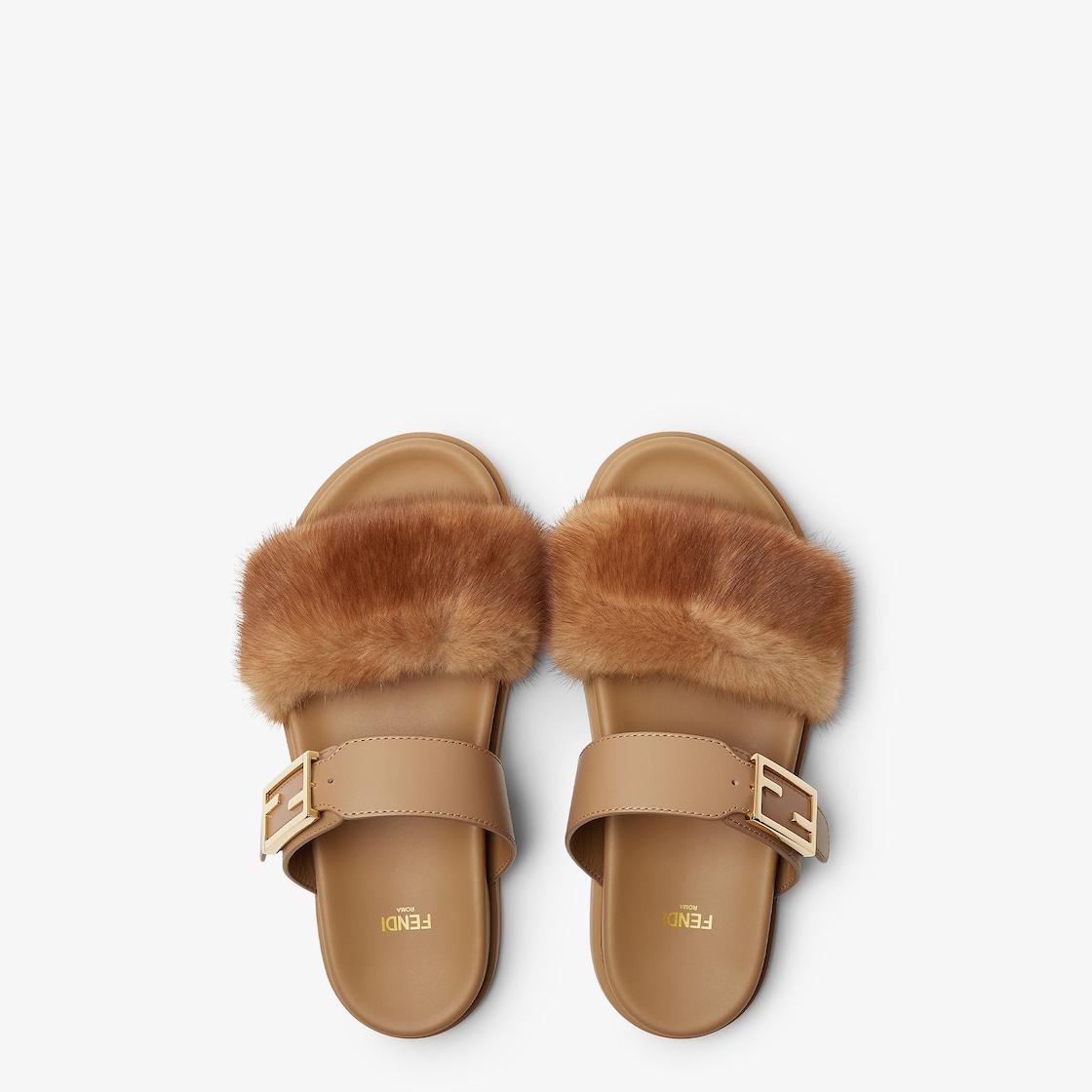 Fendi FeelLight brown leather and mink slides Product Image