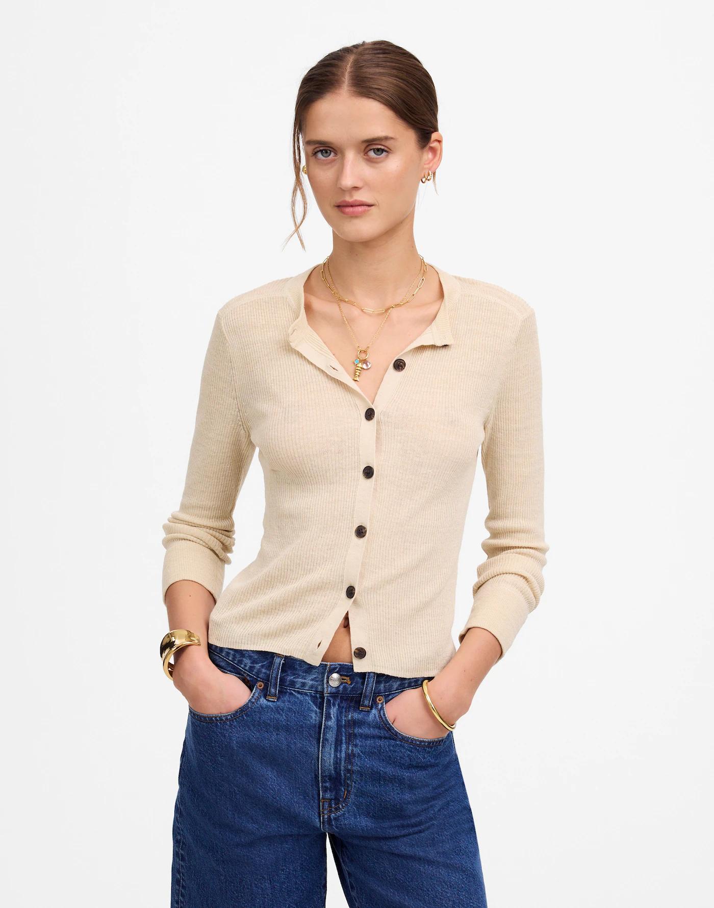 Linen-Blend Crewneck Cardigan Product Image