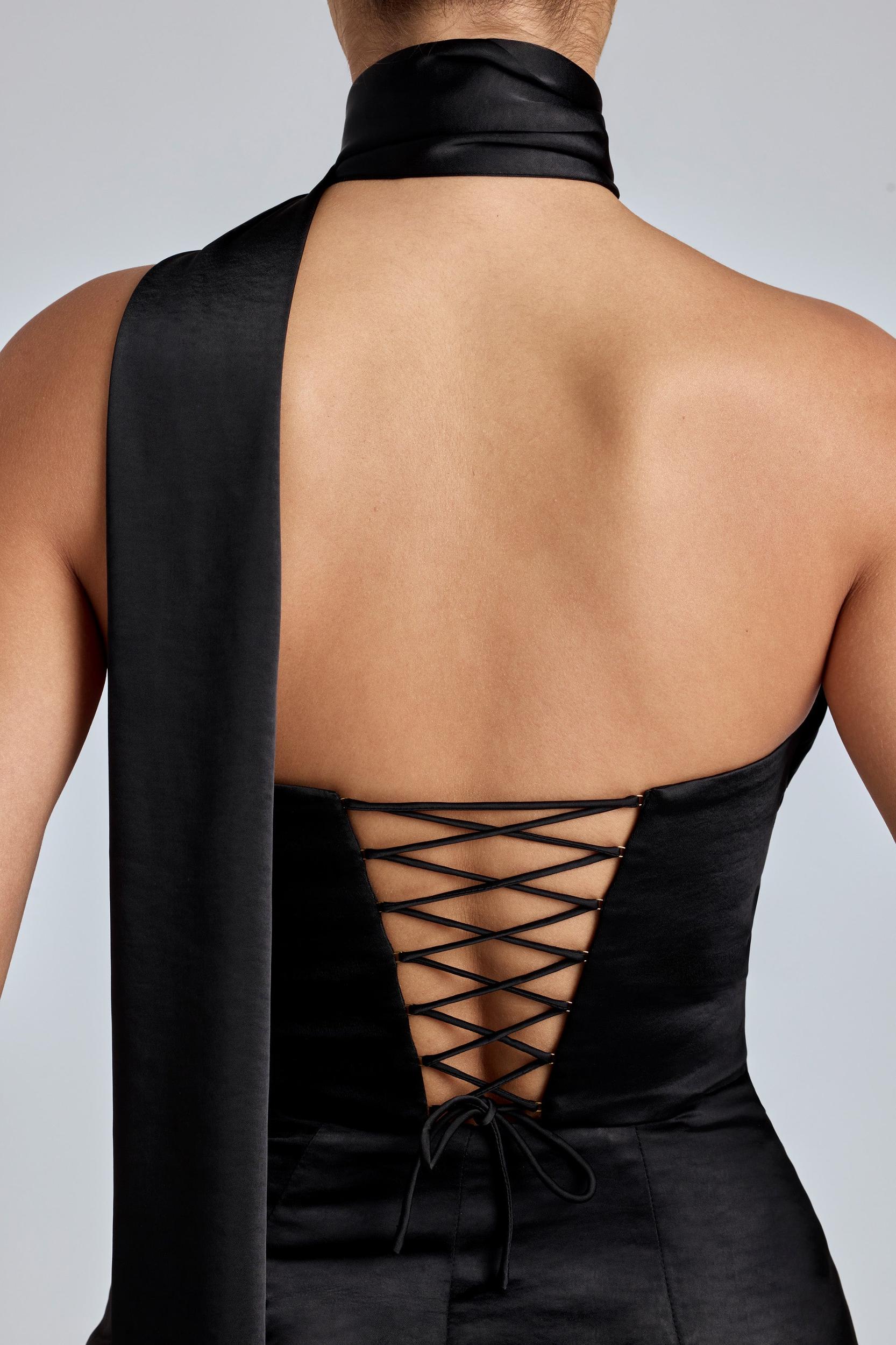 Draped Halterneck Satin Mini Dress in Black Product Image