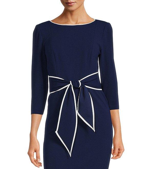 Adrianna Papell Petite Size Contrast Trim Boat Neck 3/4 Sleeve Tie Waist Crepe Dress Product Image