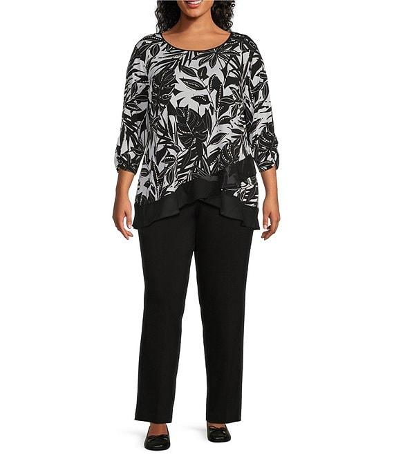 Allison Daley Plus Size Tropical Shadow Print 3/4 Ruched Sleeve Crew Neck Ruffle Hem Knit Top Product Image