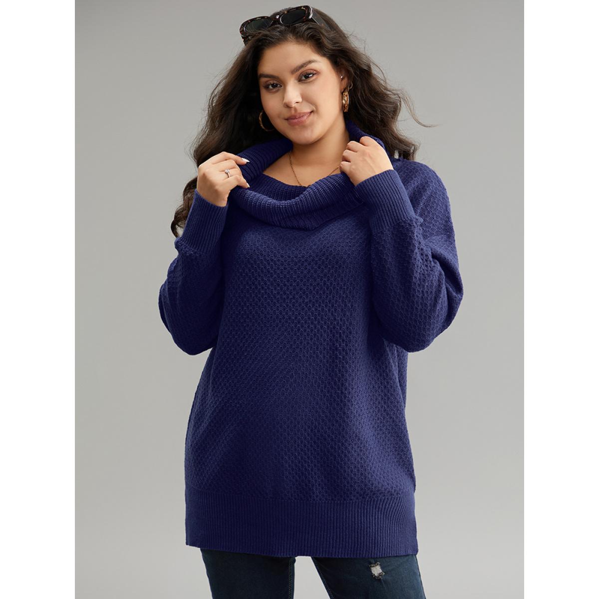 Plus Size Solid Turtle Neck Split Side Pullover DarkBlue Women Casual Loose Long Sleeve Turtleneck Everyday Pullovers BloomChic 12/L Product Image