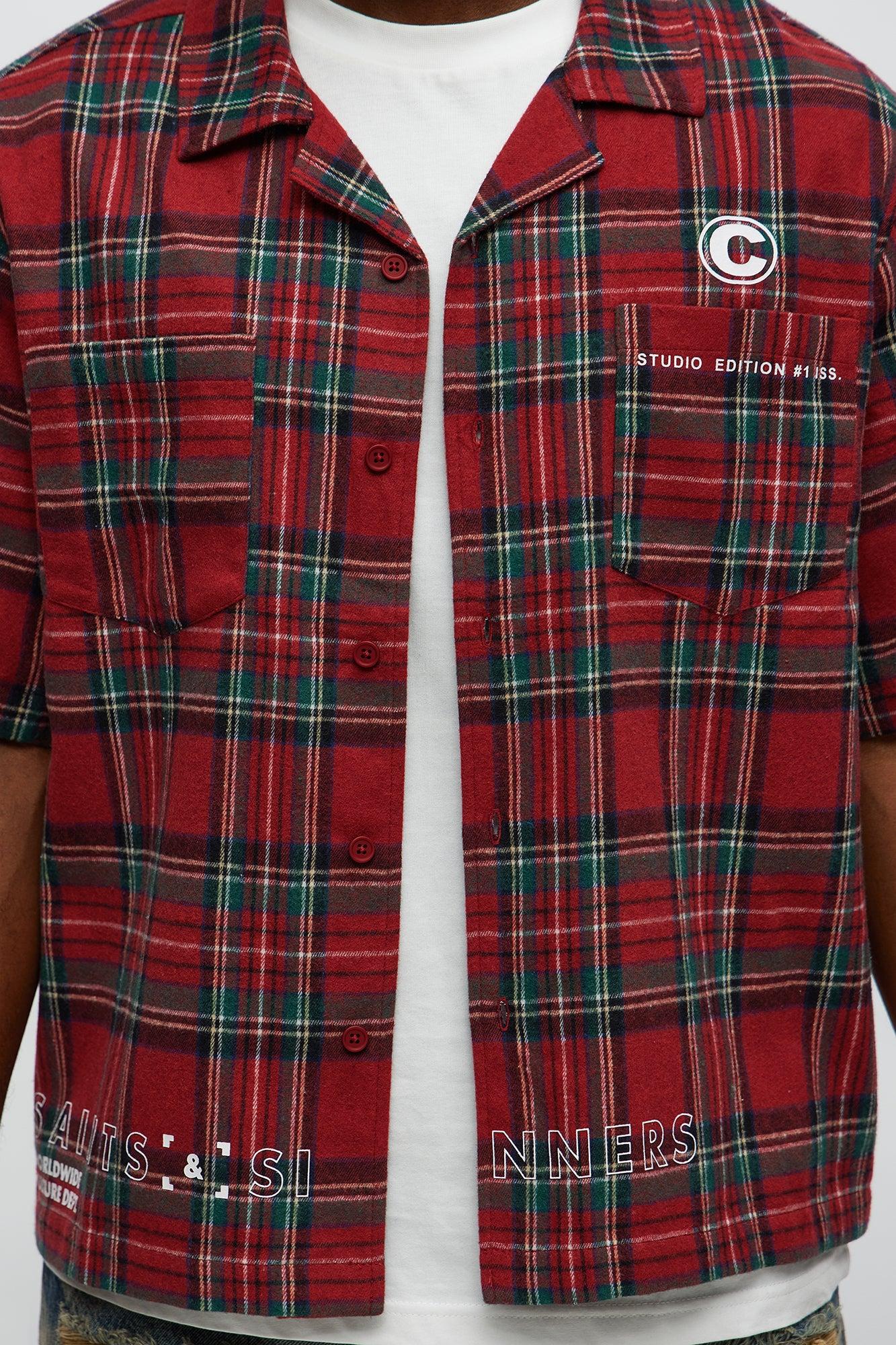 Culture Plaid Cropped Button Up Shirt - Red Male Product Image