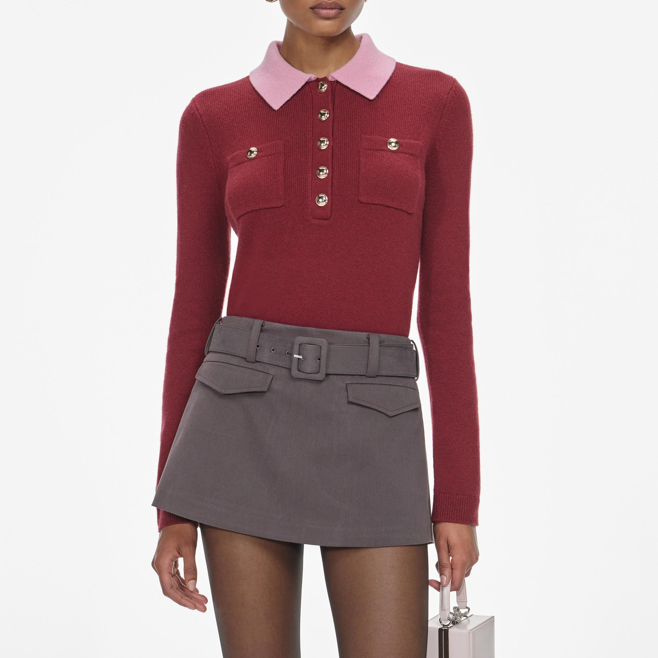Burgundy Pink Contrast Collar Knit Top Product Image