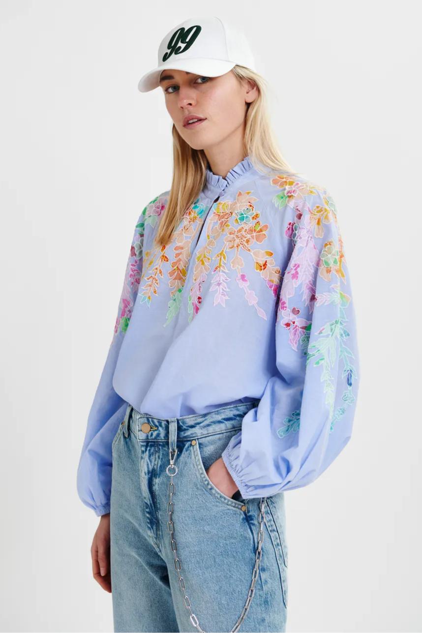 Light blue cotton top with floral embroidery and mandarin collar Product Image