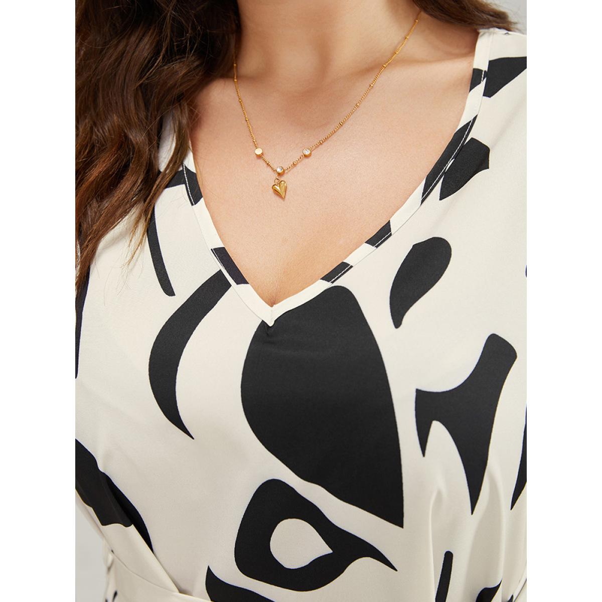 Plus Size Geometric Print Pocket Flutter Hem Belted Puff Sleeve Dress Multicolor Women Elegant Belted V-neck Short sleeve Curvy Midi Dress BloomChic 22-24/3X Product Image