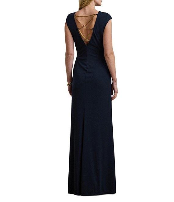 Lauren Ralph Lauren Jersey Knit Crew Neck Cap Sleeve Back Criss Cross Gown Product Image