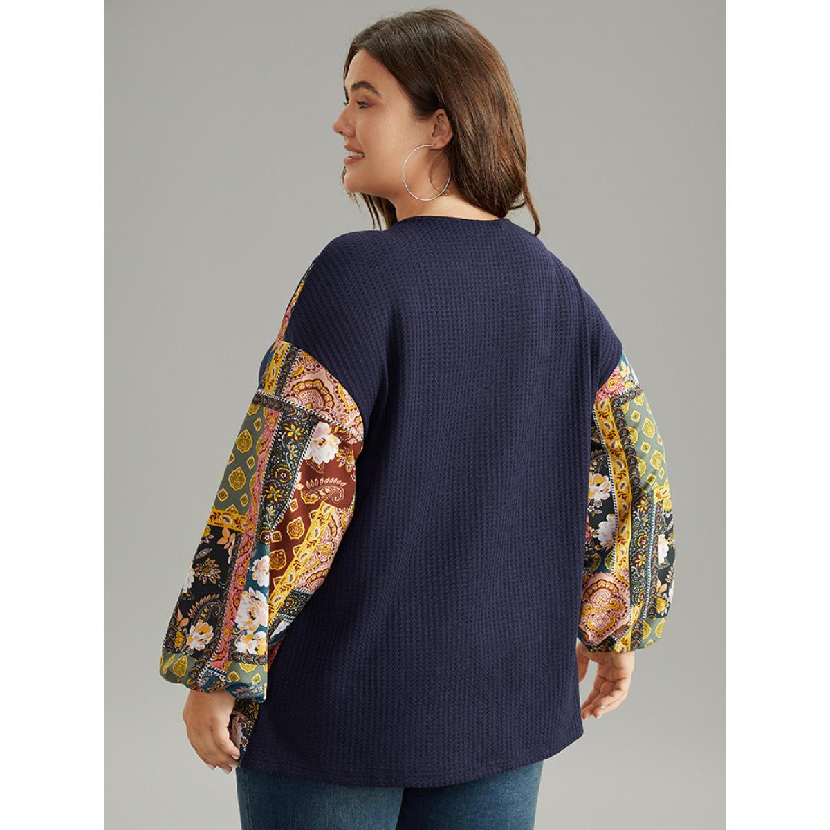 Plus Size Boho Print Button Up Patchwork Lantern Sleeve Sweatshirt DarkBlue Women Casual Elastic cuffs Bohemian Print Open Front Dailywear T-shirts BloomChic 28/5X Product Image