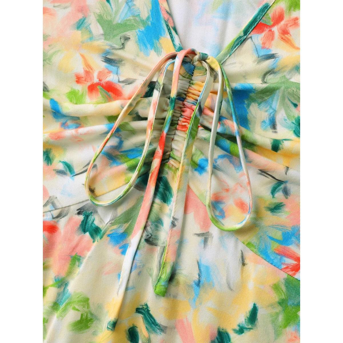 Plus Size Floral Print Cinched Bust Tiered Maxi Dress Multicolor Women V-neck Short sleeve Curvy BloomChic 12/L Product Image