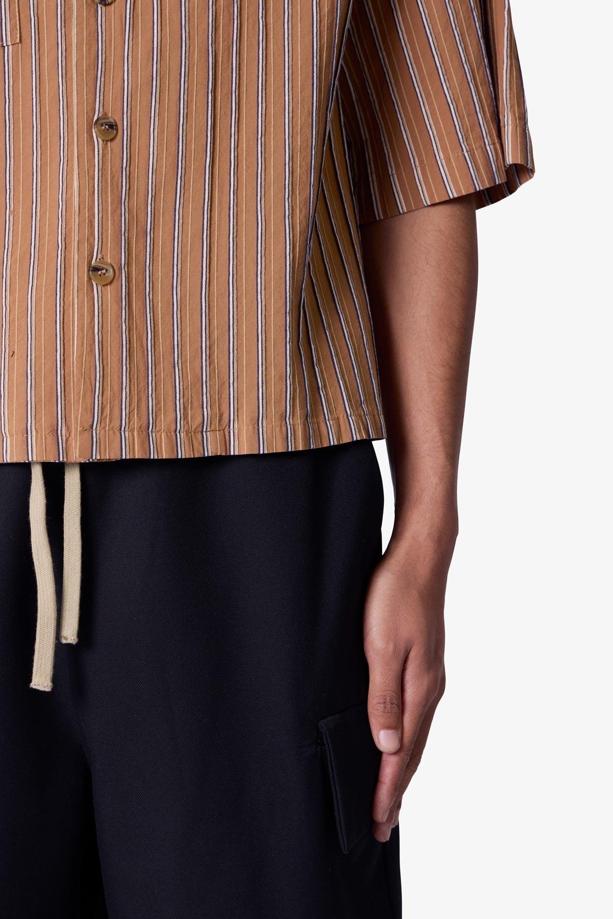 Striped Woven Cropped Shirt - Brown Product Image