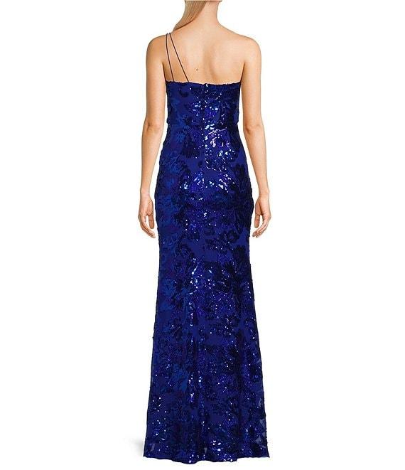 Midnight Doll One Shoulder Floral Sequin Pattern Front Slit Dress Product Image