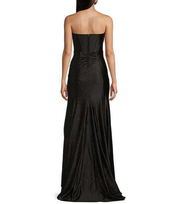 Honey and Rosie Glitter Knit Strapless Corset Front Slit Gown Product Image